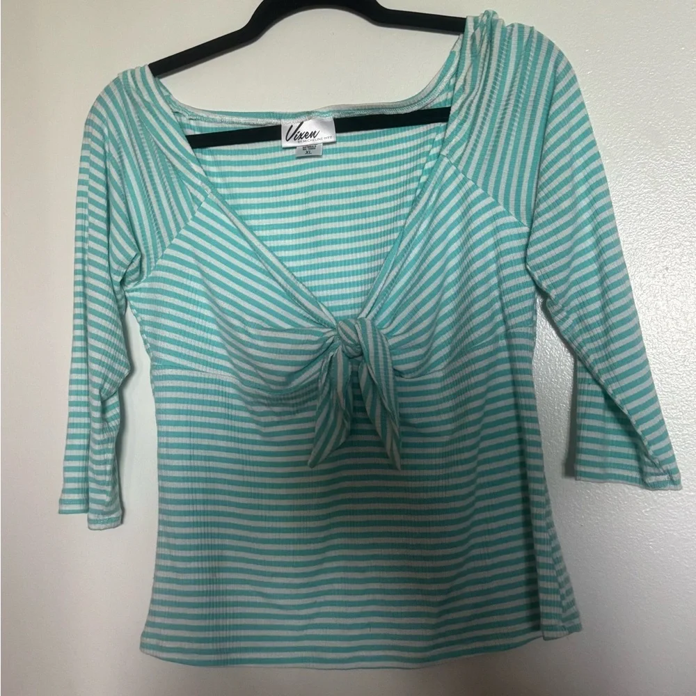 💚 Vixen by Micheline Pitt “Tie Me Up” Top - XL Mint Stripe 💚 - Picture 2 of 3